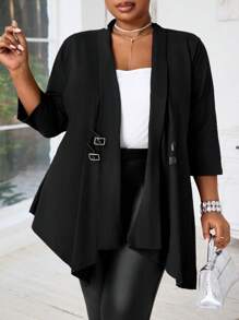 SHEIN CURVE+ Cardigan Plus Size Preto Manga Longa Botão De Metal, Bainha Assimétrica Jaqueta Feminina Para Outono/Inverno - Preto - Ver 6