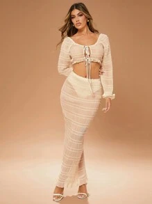 Hauture Solid Texture Low Rise Maxi Bodycon Skirt - Apricot - View 2