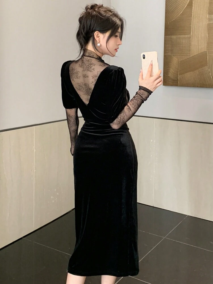 Women Lace Contrast Slit Midi Dress, Birthday ,New Year Eve Prom Dress,Fall Clothes Elegant Women Dresses