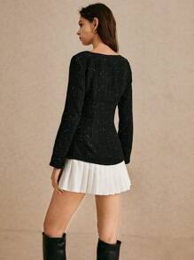 Poéselle 黑色粗花呢连衣裙，新款秋冬学院风百褶下摆拼接圆领百搭迷你连衣裙，秋装，女式拼色方领百褶优雅长袖迷你连衣裙，时尚大气，西服办公室，适合日常、出街、通勤等场合穿着 - 黑色 - 查看 6