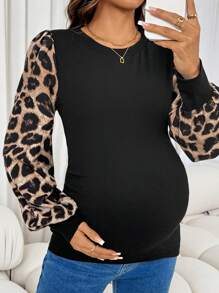 SHEIN Maternity Leopard Print Patchwork Puff Sleeve Slim Fit T-Shirt, Spring & Autumn - Black - View 4