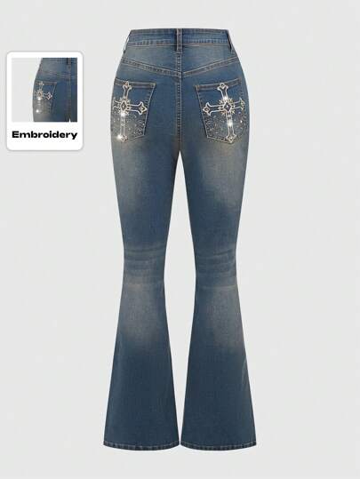 Grunge Punk Damenhose mit Weitem Bein und Kreuzstich Stickerei, Schule