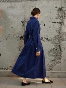 Aveloria Modichic Elegant Office Style Solid Color Pleated Design Waisted Shirt Dress Dress With Long Flared Hem - Navy Blue - View 2