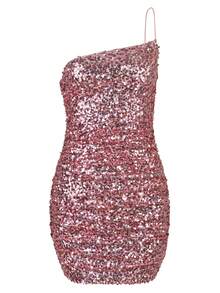Women Sequin One Shoulder Mini Bodycon Dress In Hot Pink