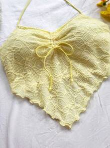 Soleia Camiseta sin mangas con cuello en V acanalado, fruncido delantero y espalda de tirantes anchos, de punto texturizado amarillo, para vacaciones, para mujer