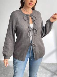 SHEIN Privé Plus Size Casual Elegant Simple Gray Long Sleeve Crew Neck Tie Cardigan For Women, Fall/Winter
