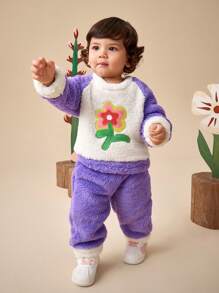 SHEIN Baby Girls Thickened Flannel Pajamas Set, Children Coral Fleece Sleepwear Suit, Winter