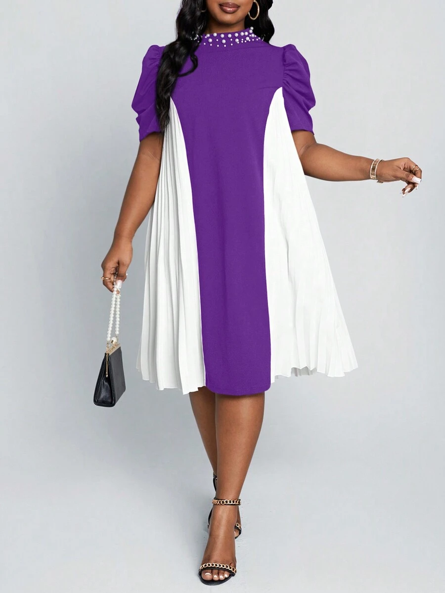 SHEIN Lady Váy công sở cỡ lớn cho nữ màu đen và trắng, cổ xếp ly, tay bồng, đính hạt, dự tiệc cưới, trang trọng, thanh lịch - Màu tím - Xem 1