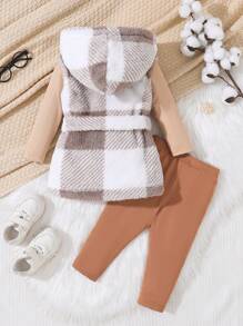 SHEIN Conjunto de 3 piezas de ropa casual para bebé niña: chaleco acogedor y abrigado, básico en negro y blanco - Multicolor - Ver 2