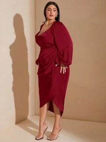 SHEIN BAE Plus Size Women's Fall Elegant Long Lantern Sleeve Mid-Length Dress Fall Wedding Guest Dress Homecoming Dresses