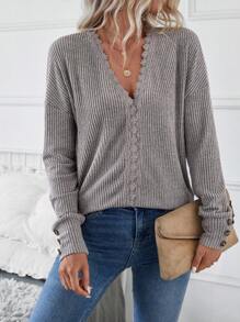 SHEIN LUNE Women's Fashion V-Neck Long Sleeve Lace Ribbed Knit Pullover Sweatshirt