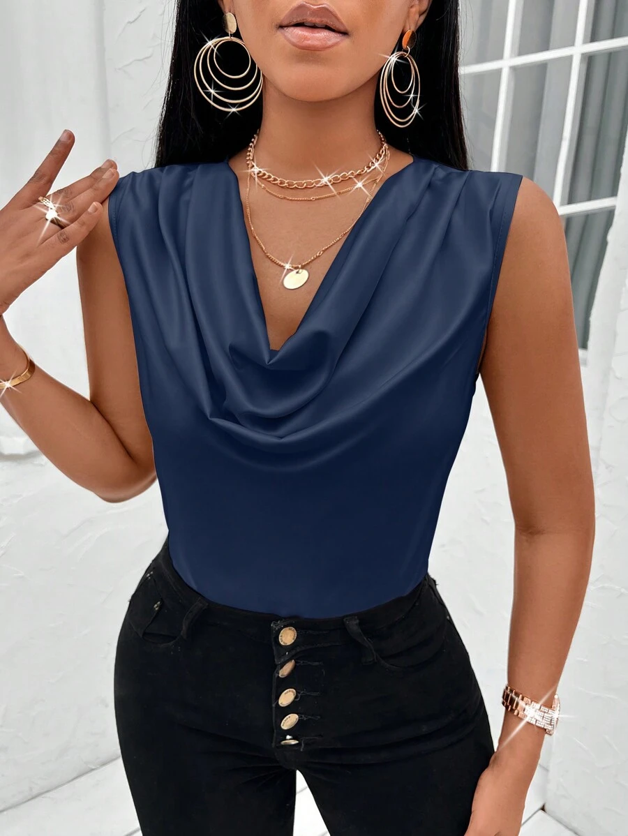 Zolique 女式夏季纯色圆领无袖衬衫 - 藏蓝色 - 查看 1