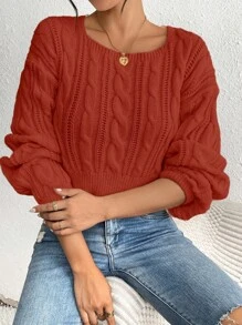 Chiquease 女士纯色圆领长袖简约毛衣，秋冬休闲日常穿着 - 亮橙色 - 查看 5