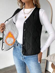 SHEIN LUNE New Winter Black Padded Vest For Women, Thick Thermal Lined, V-Neck, Sleeveless, Figure-Flattering, Versatile