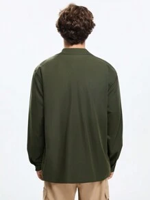 Mainfolk Men's Woven Fashionable Casual Loose Solid Color Long Sleeve Shacket, For Fall Winter - Army Green - View 2