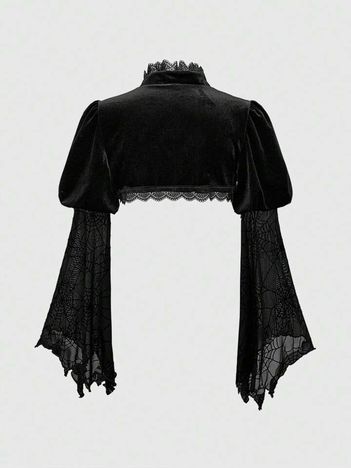 Our Women Gothic Versatile Bell Sleeve Flocked Patchwork Pleuche