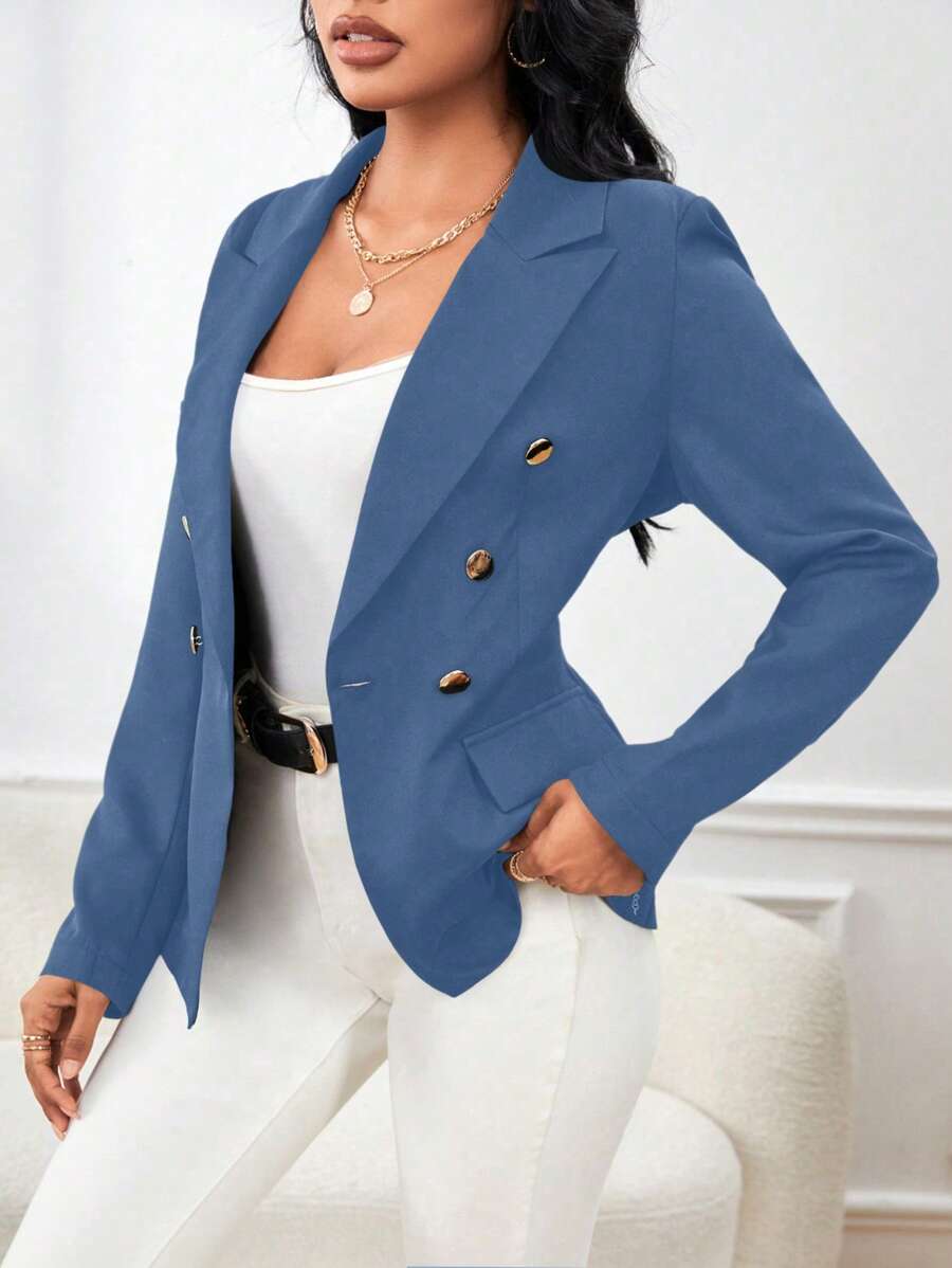 Chiquease Women's Casual Solid Double-Breasted Blazer Jacket For Fall - Baby Blue - View 1