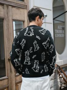 Manfinity Homme Herren lässiger Rundhals-Strickpullover mit Buchstaben- und Cartoon Dinosaurier Muster, Herbst/Winter