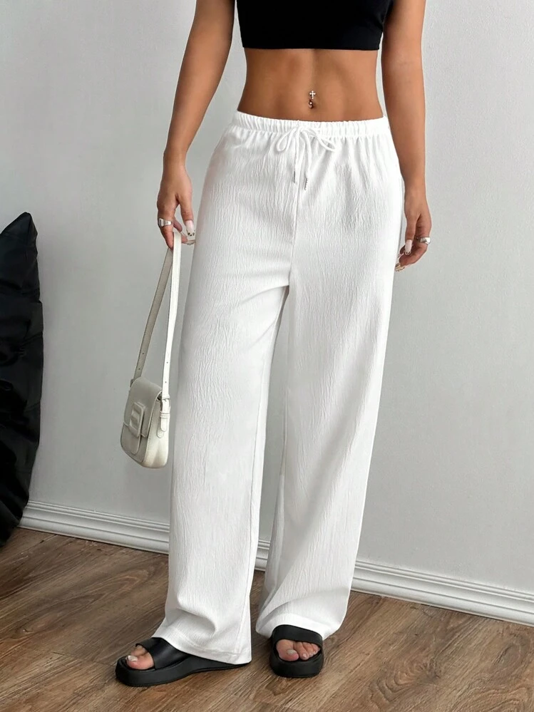 SHEIN Unity Calças Palazzo de Ajuste Folgado com Cordão da Cor Sólida para Mulheres - Branco - Visão 5