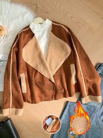 SHEIN Privé 大码女式咖啡棕色蓬松内衬保暖毛绒夹克，秋冬款