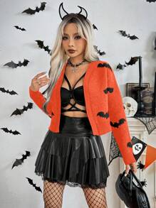 Chiquease Halloween Bat Print Casual Long Sleeve Knit Cardigan Fall Cloth For Women - Orange - View 6