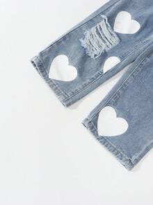 SHEIN Explorewe 年轻女孩心形印花破洞口袋休闲牛仔裤 - 淺色水洗藍 - 查看 7