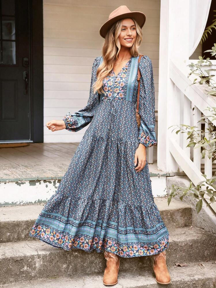 boho thanksgiving dress SHEIN VCAY Women Retro Blue Floral A-Line Waist Dress,Autumn V-Neck Long Sleeve Outfits For Vacation,Holiday,Thanksgiving Halloween Costumes Adults Clothes Boho Lace Tassel Fit