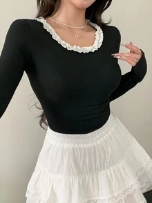 DAZY 女士圆领撞色蕾丝拼布长袖修身 T 恤 - 黑色 - 查看 6