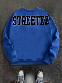 Manfinity VCAY Men's Embroidered Ribbed Crew Neck Long Sleeve Sweatshirt, For Fall Winter - Blue - View 1