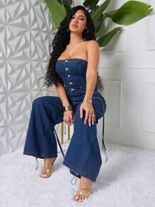 SHEIN SXY Women's Fashionable Strapless Wide-Leg Denim Jumpsuit For Autumn