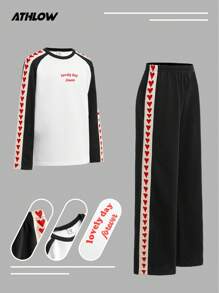 Tween Girls' Round Neck Long Sleeve Sweatshirt & Pants Set, Heart Ribbon Decor, Campus Fashion, Sporty Vintage , Outdoor Street Casual, Breathable Comfortable Commute, Running Cycling Two Pieces Set, Round Neck Sweatshirt & Pants, Thick Pants, Autumn/Winter, Heart Stripe, Lovely Day Forever, White Patchwork Black, Sportswear, Yoga, Fitness, Badminton, Tennis, Baseball, Football, Outdoor