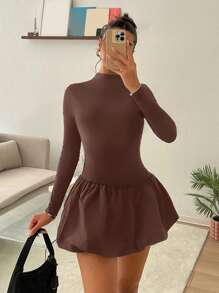SHEIN EZwear 女式纯色长袖高领莲花花蕾紧身连衣裙 - 棕色 - 查看 5