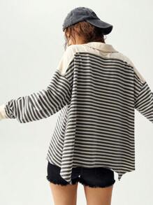 Bohemela 宽松不对称下摆半开领蓝白条纹针织休闲女式长袖T恤，秋季