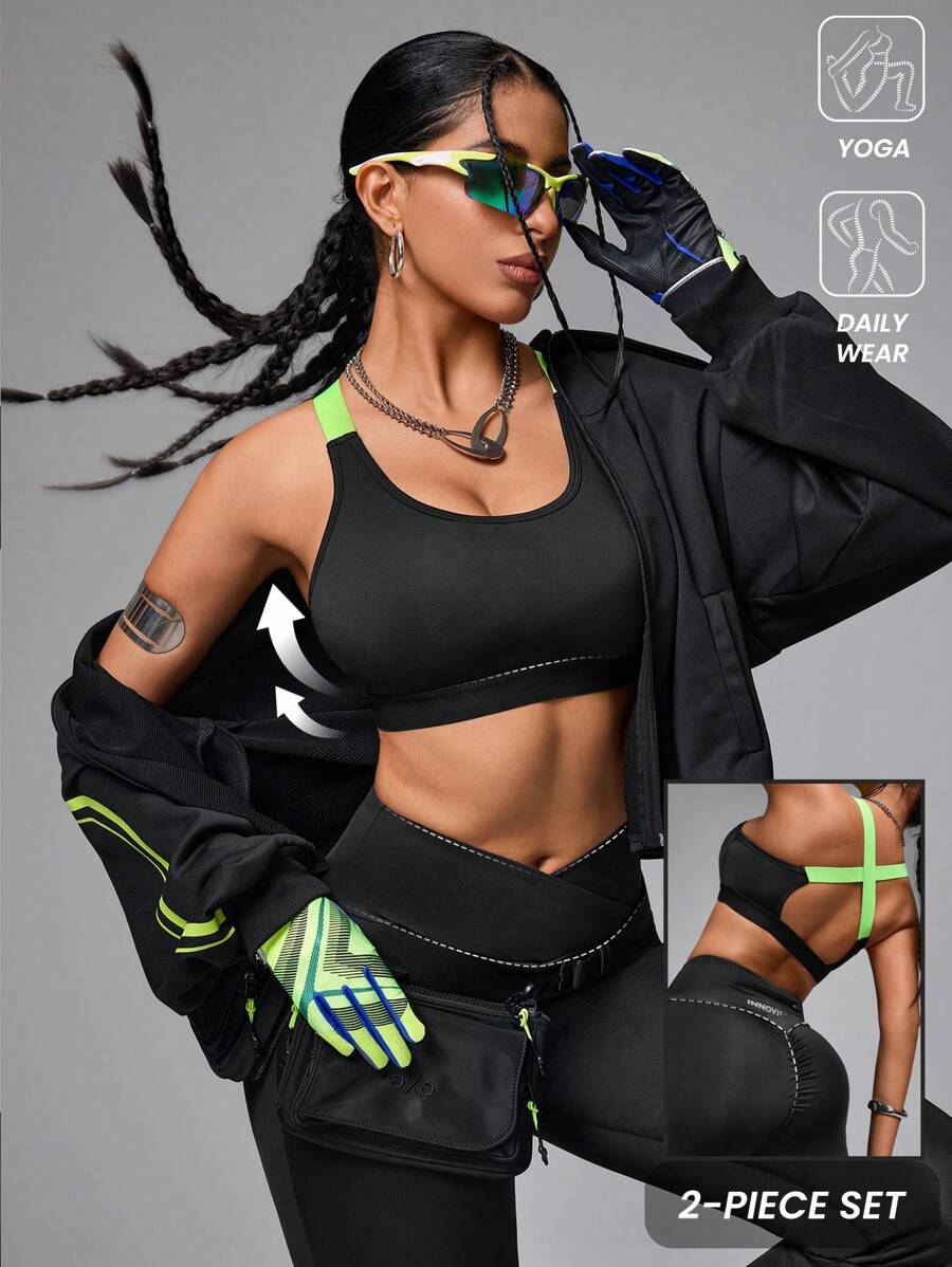 Innovista 女士必备纯色运动套装，精致设计，运动服饰，训练服，透气舒适，露脐上衣搭配紧身裤，喇叭裤型，带手机卡口袋，两件套，适合日常瑜伽、骑行、高强度间歇训练、办公室、法庭、早午餐、健身房等各种场合。两件套多功能运动休闲服，全天候弹力舒适，适合秋季穿着，活动自如，露背设计，实用时尚，秋冬运动服。 - 黑色 - 查看 1