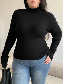 Dazy Plus 加大码纯色高领修身黑色秋季毛衣，适合冬季 - 黑色 - 查看 4