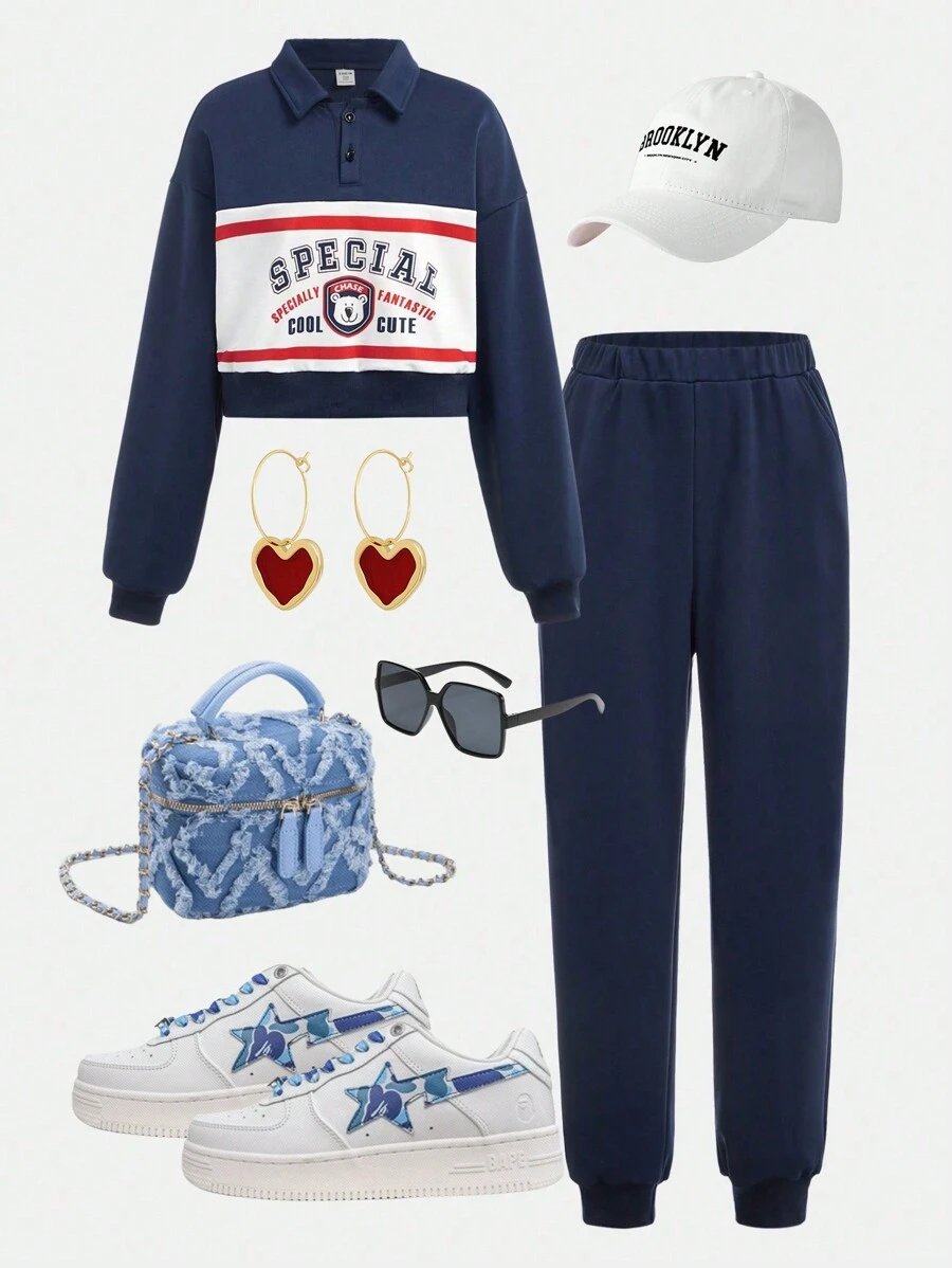 SHEIN 2pcs/Set Teenage Girls Casual Collegiate Letter Printed Drop Shoulder Polo Shirt And Sweatpants Outfit - Royal Blue - View 1