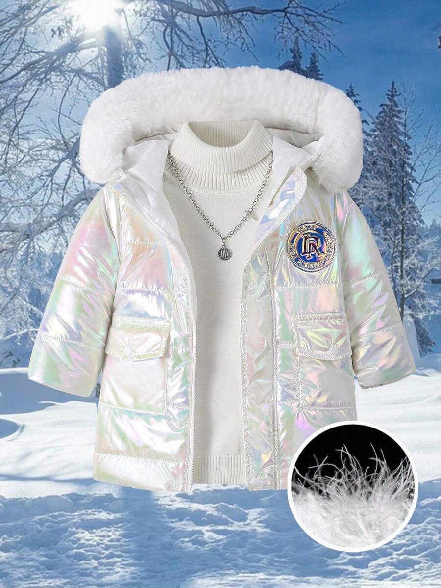 Baby Mädchen gesteppter langer Winter-Parka Mantel mit abnehmbarem flauschigem Kapuzenrand, wasserabweisend und windbeständiges dickes Material, alltagstauglicher Allrounder - Weiss - Übersicht 1