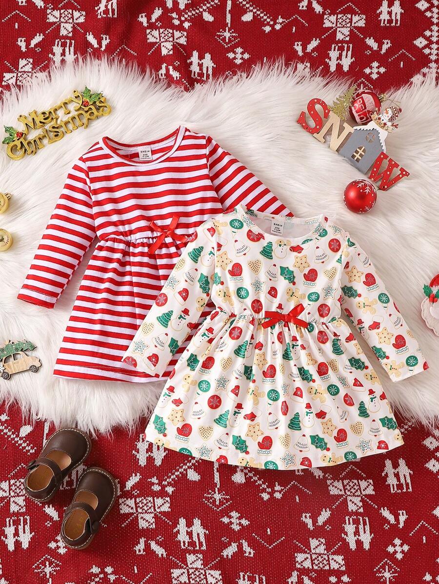 2 件套女婴圣诞主题印花条纹休闲连衣裙和连体衣套装 - 彩色 - 查看 1