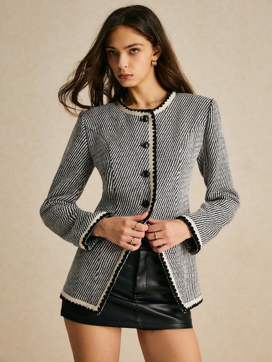 Poéselle Manteau régulier élégant à simple boutonnage à rayures et manches longues pour femme, automne-hiver