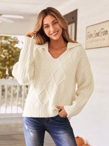 SHEIN VCAY Women's Casual Plain Knitted Sweater With Large Lapel, Autumn/Winter,Halloween Costumes Adults,Thanksgiving Women Outfit,Women Sweaters,Hollowed Costumes,Winter Women Dress,
, - Apricot - View 6