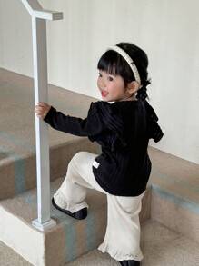 SHEIN 3pcs Set Baby Girls Autumn Casual Ruffled Trim Long Sleeve Tops - Black and White - View 3