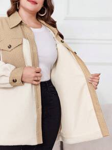 Lacomfia Plus Size Women's Houndstooth Patchwork Plus Fleece Thick Drop Shoulder Long Sleeve Casual Loose Jacket, Autumn/Winter Fall Cloth For Women - Beige - View 6