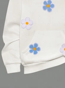 SHEIN ChillGRL 2 件 Tween 女童休闲花卉贴花连帽衫和运动裤套装，秋冬 - 彩色 - 查看 3