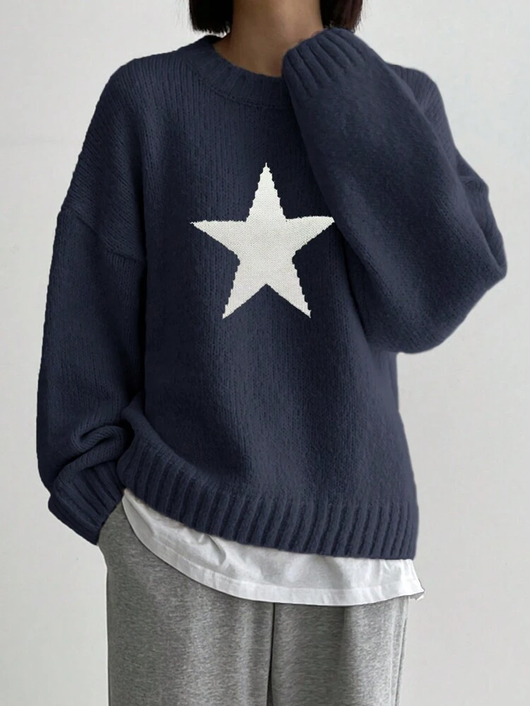 Women's Casual Star Pattern Drop Shoulder Loose Pullover Sweater,Long Sleeve Tops,Fall Women Clothes