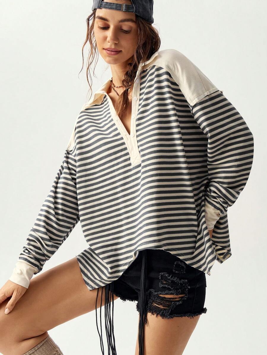 Bohemela 宽松不对称下摆半开领蓝白条纹针织休闲女式长袖T恤，秋季