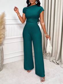 SOLERSUN 纯色不对称领口褶皱修身 T 恤和阔腿裤 - 墨綠色 - 查看 4