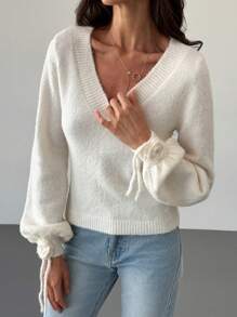 Aloruh Romantic V-Neck Fitted Lantern Sleeves 3D Floral Apricot Color Sweater For Women