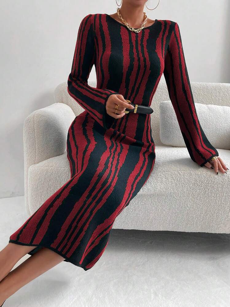 SHEIN Unity Women Colorblock Floral Print Long Sleeve Sweater Dress - Multicolor - View 3