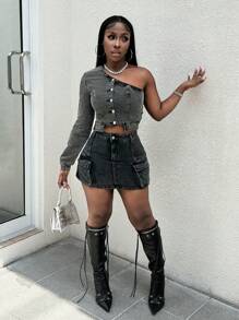Slaydiva Top sexy de mujer de denim negro con un hombro y manga larga elástica - Negro - Ver 6