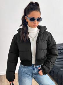 SHEIN Teen Girls' Winter Quilted Short Hooded Casual Warm Thickened Jacket Coat